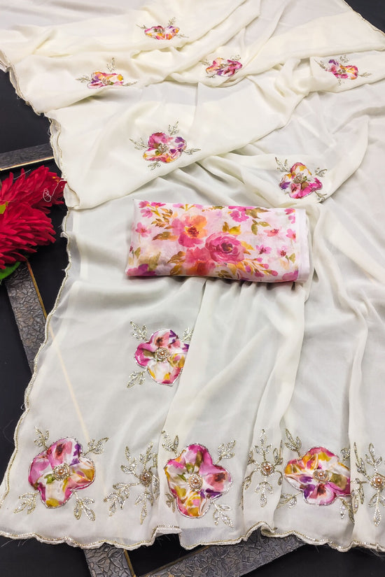 Elegant Star Georgette Saree with Floral Embroidery & Sequin Detailing