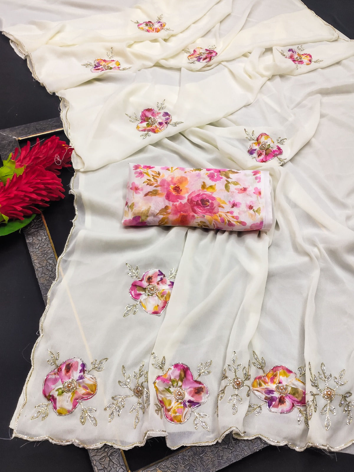 Elegant Star Georgette Saree with Floral Embroidery & Sequin Detailing