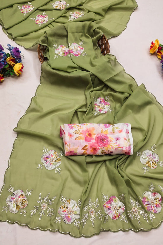 Elegant Star Georgette Saree with Floral Embroidery & Sequin Detailing