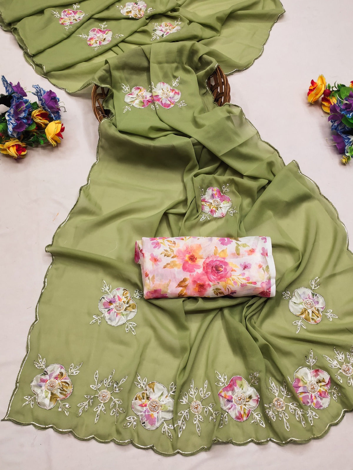 Elegant Star Georgette Saree with Floral Embroidery & Sequin Detailing