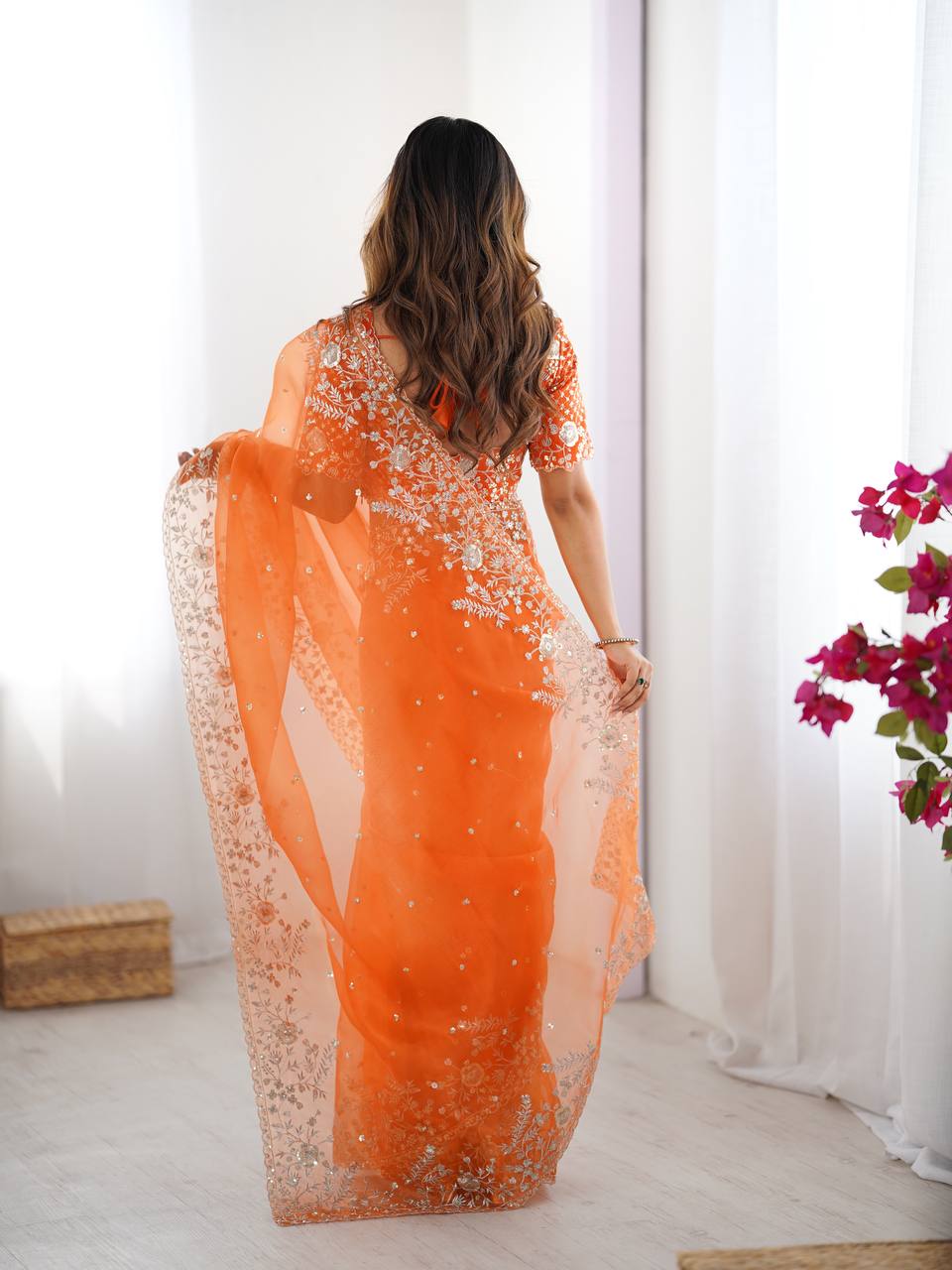 Festive Weeding Wear Orange Organza Saree with Silver Motifs