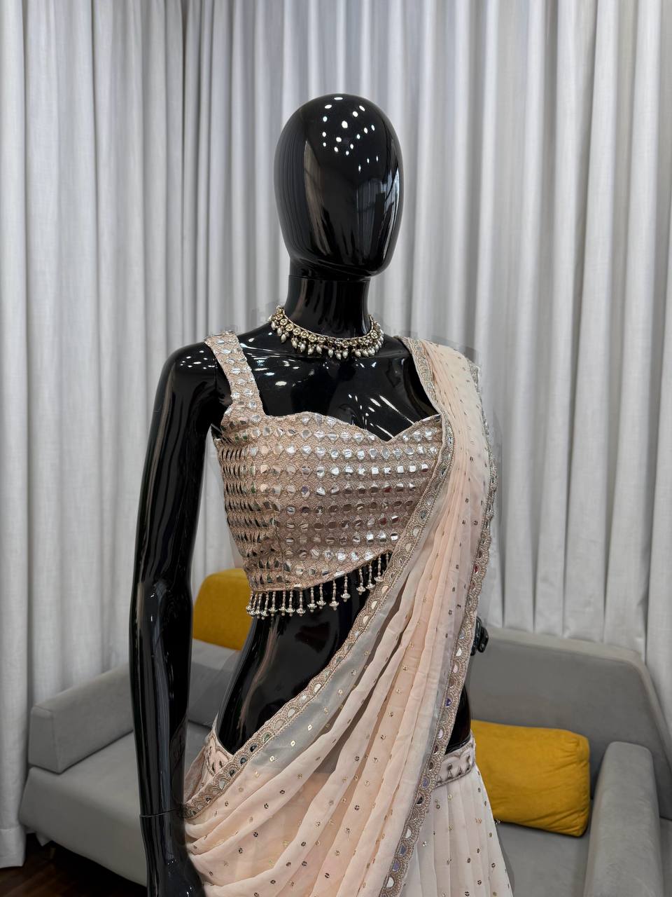 Glamorous Beige Mirror Work Reday to wear Lehengha & saree*