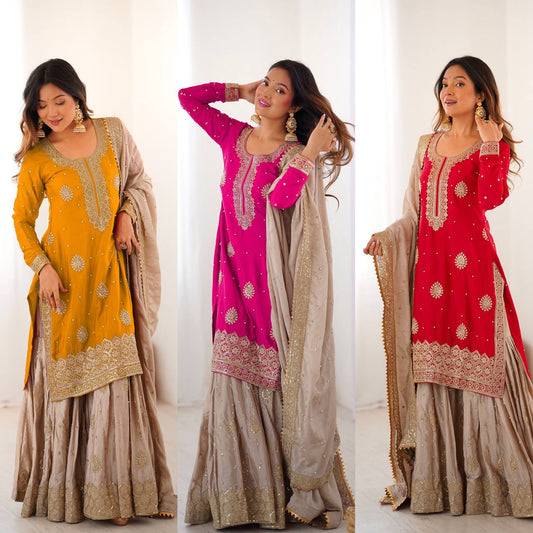 Chinon Silk  Weeding & Party & Festival Wear  Three Pic Sharara Suit