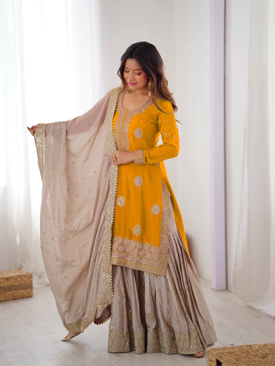 Chinon Silk  Weeding & Party & Festival Wear  Three Pic Sharara Suit