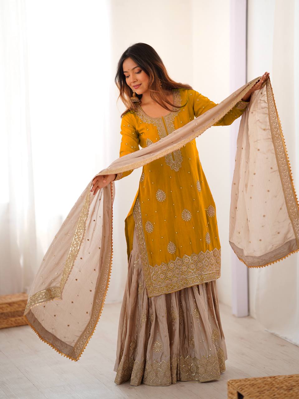 Chinon Silk  Weeding & Party & Festival Wear  Three Pic Sharara Suit