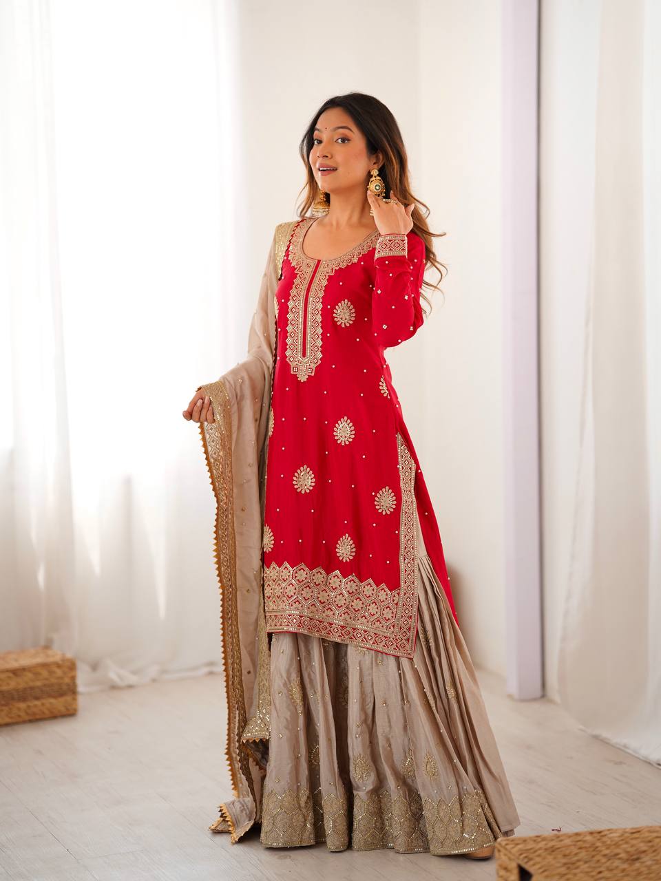 Chinon Silk  Weeding & Party & Festival Wear  Three Pic Sharara Suit