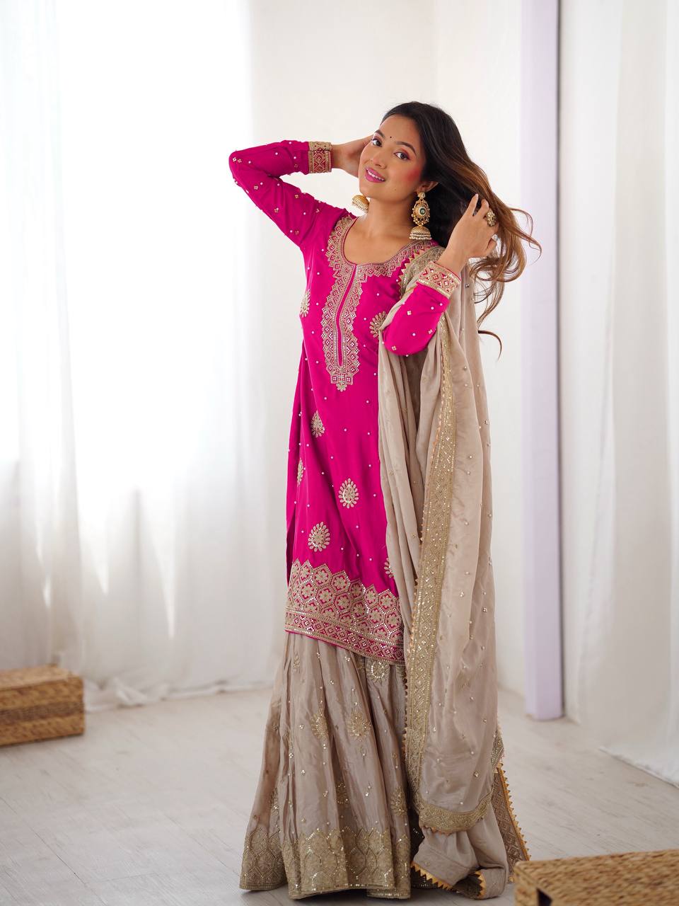 Chinon Silk  Weeding & Party & Festival Wear  Three Pic Sharara Suit