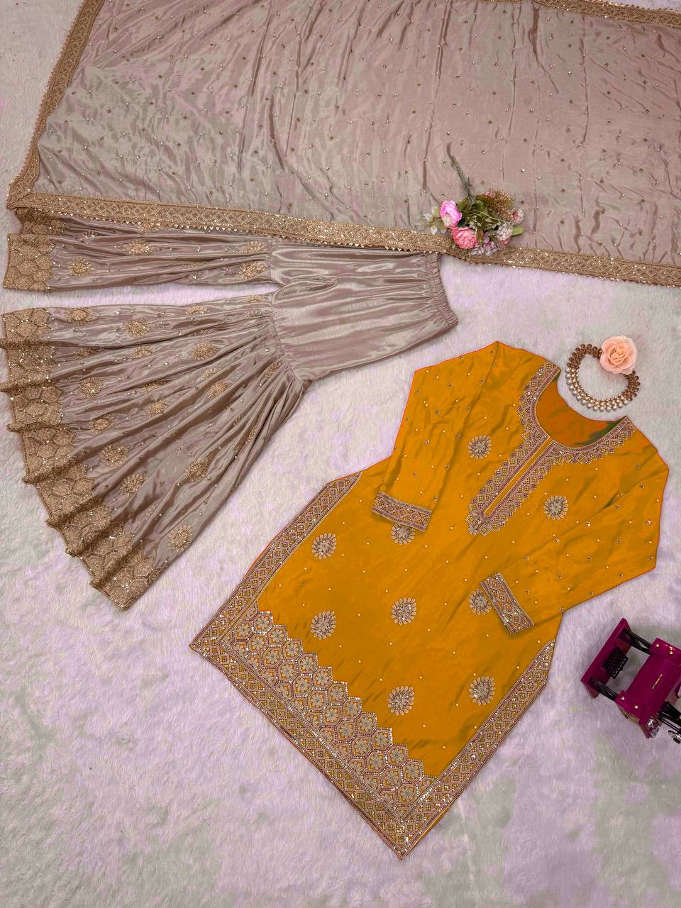 Chinon Silk  Weeding & Party & Festival Wear  Three Pic Sharara Suit