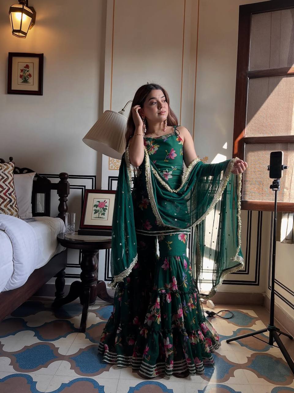 Designer Floral Plazzo Set with Matching Dupatta