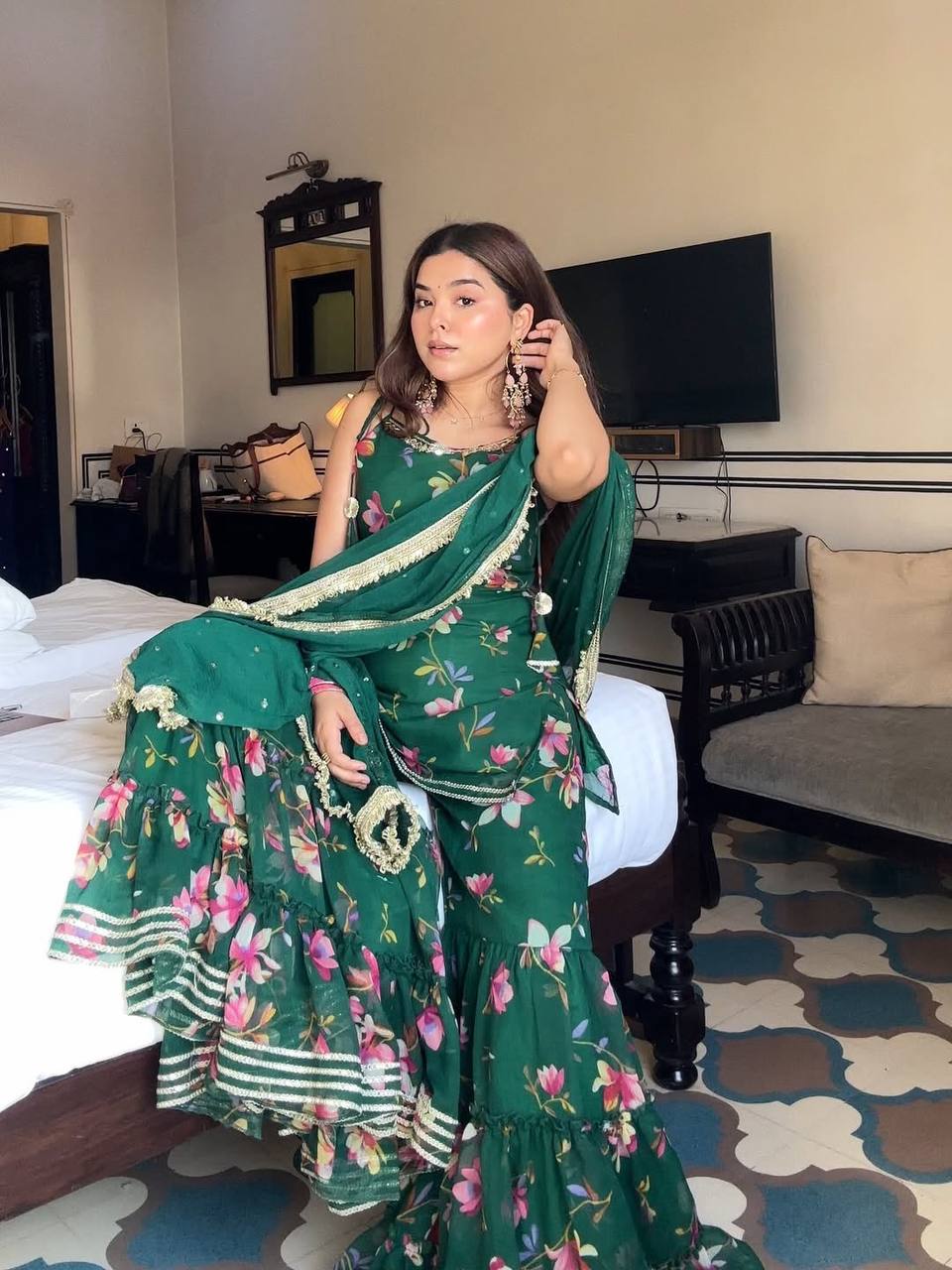 Designer Floral Plazzo Set with Matching Dupatta