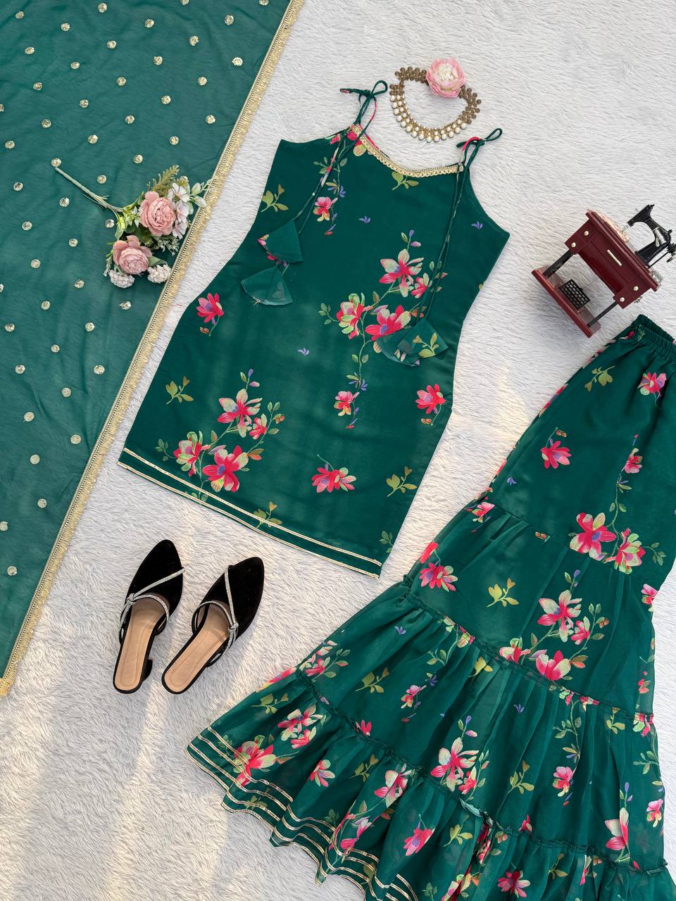 Designer Floral Plazzo Set with Matching Dupatta