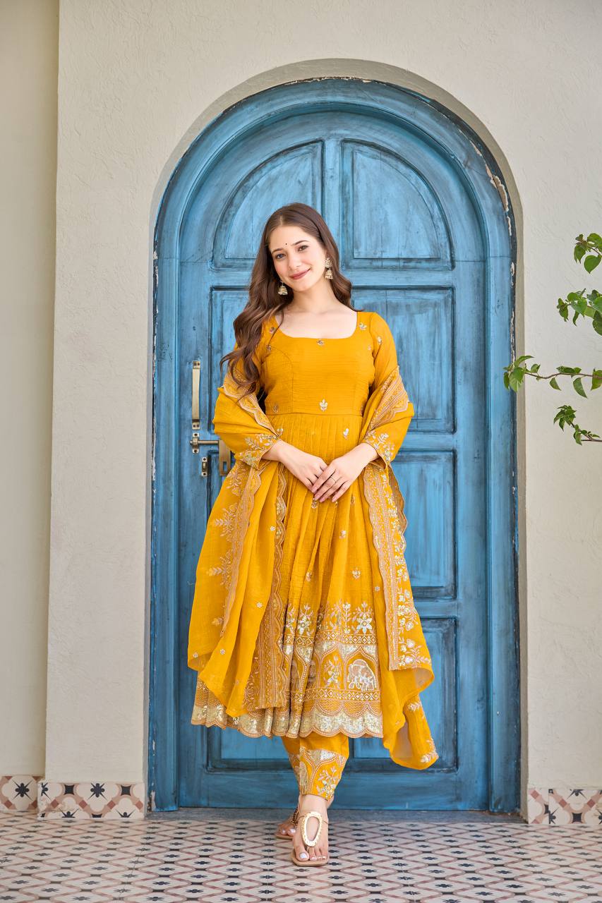 Golden Mustard Embroidered Anarkali Set