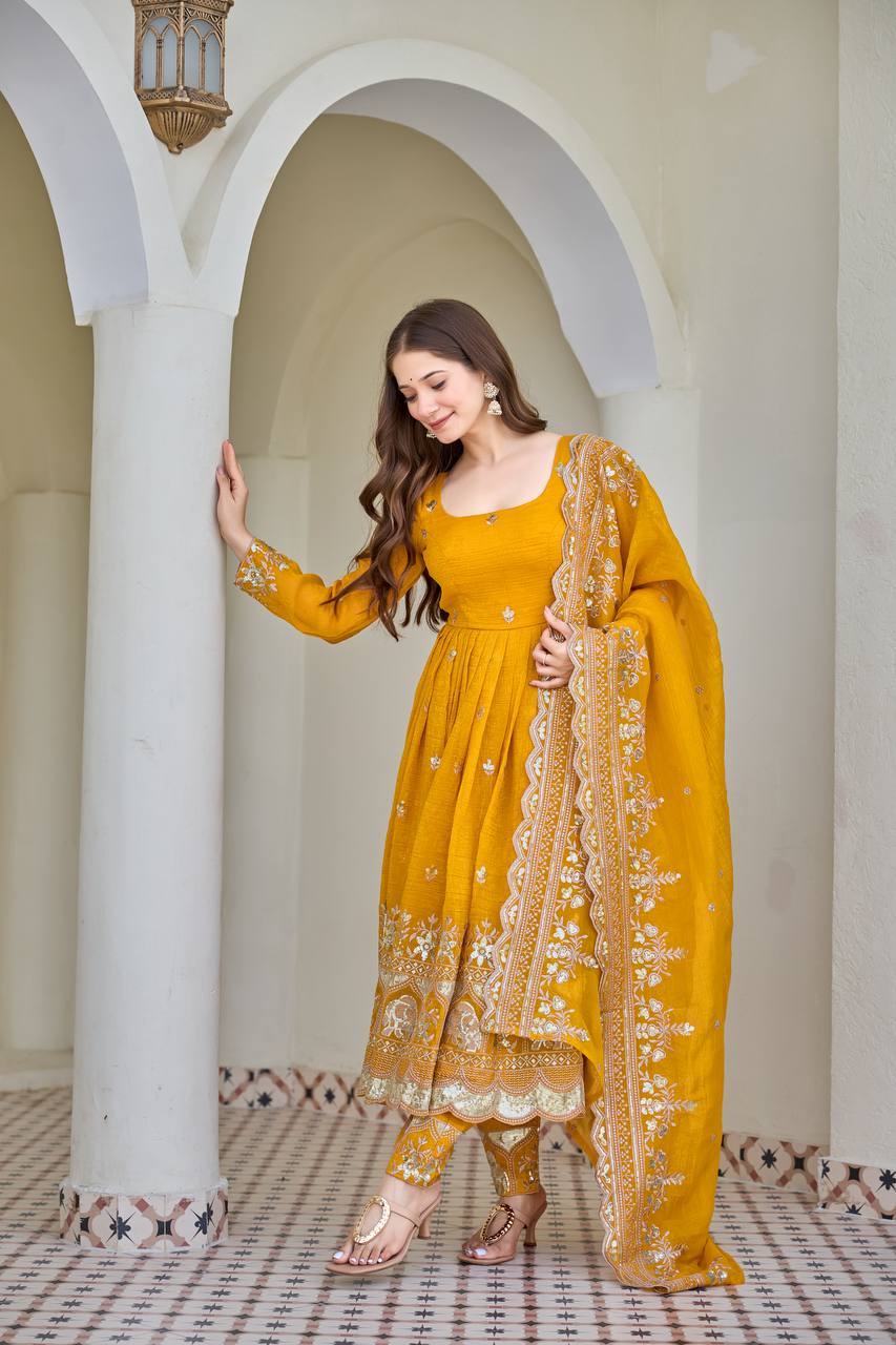 Golden Mustard Embroidered Anarkali Set