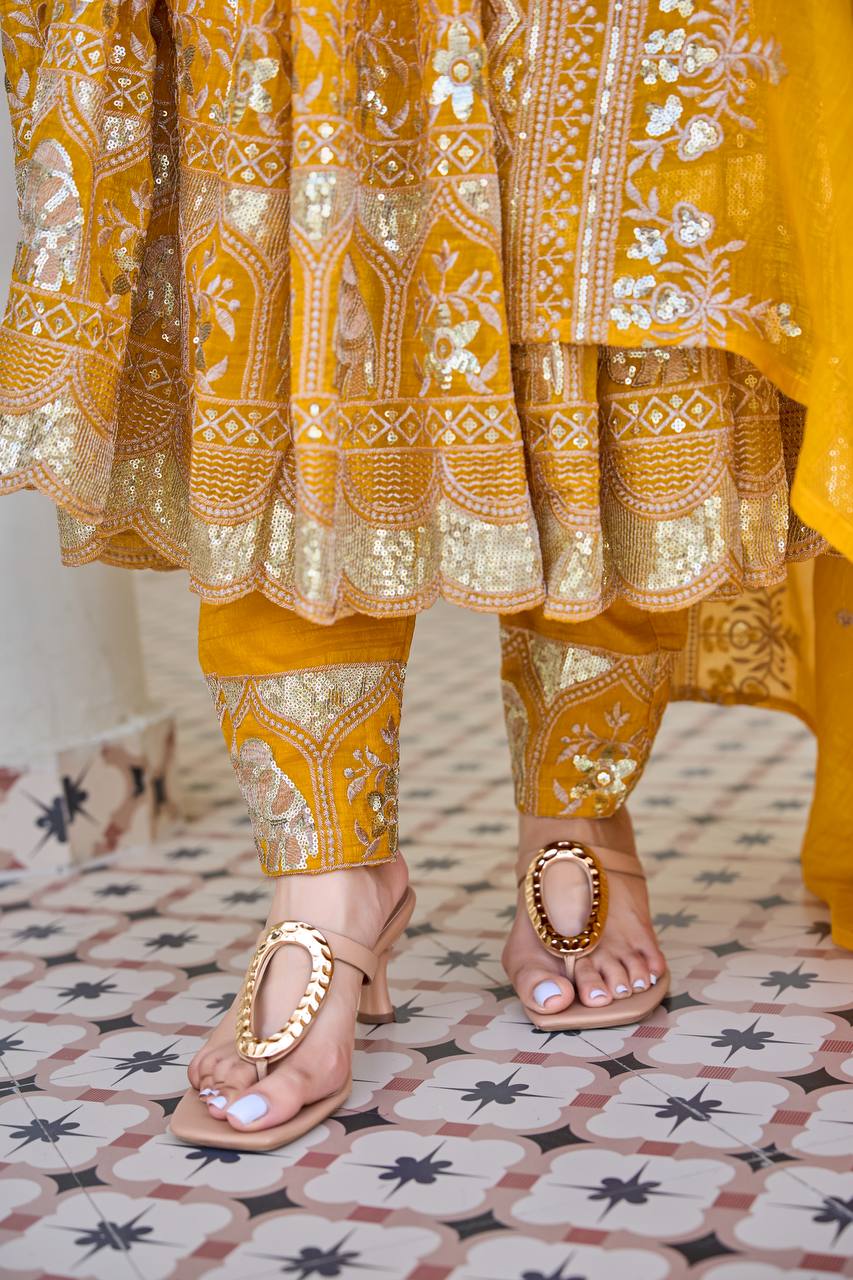 Golden Mustard Embroidered Anarkali Set