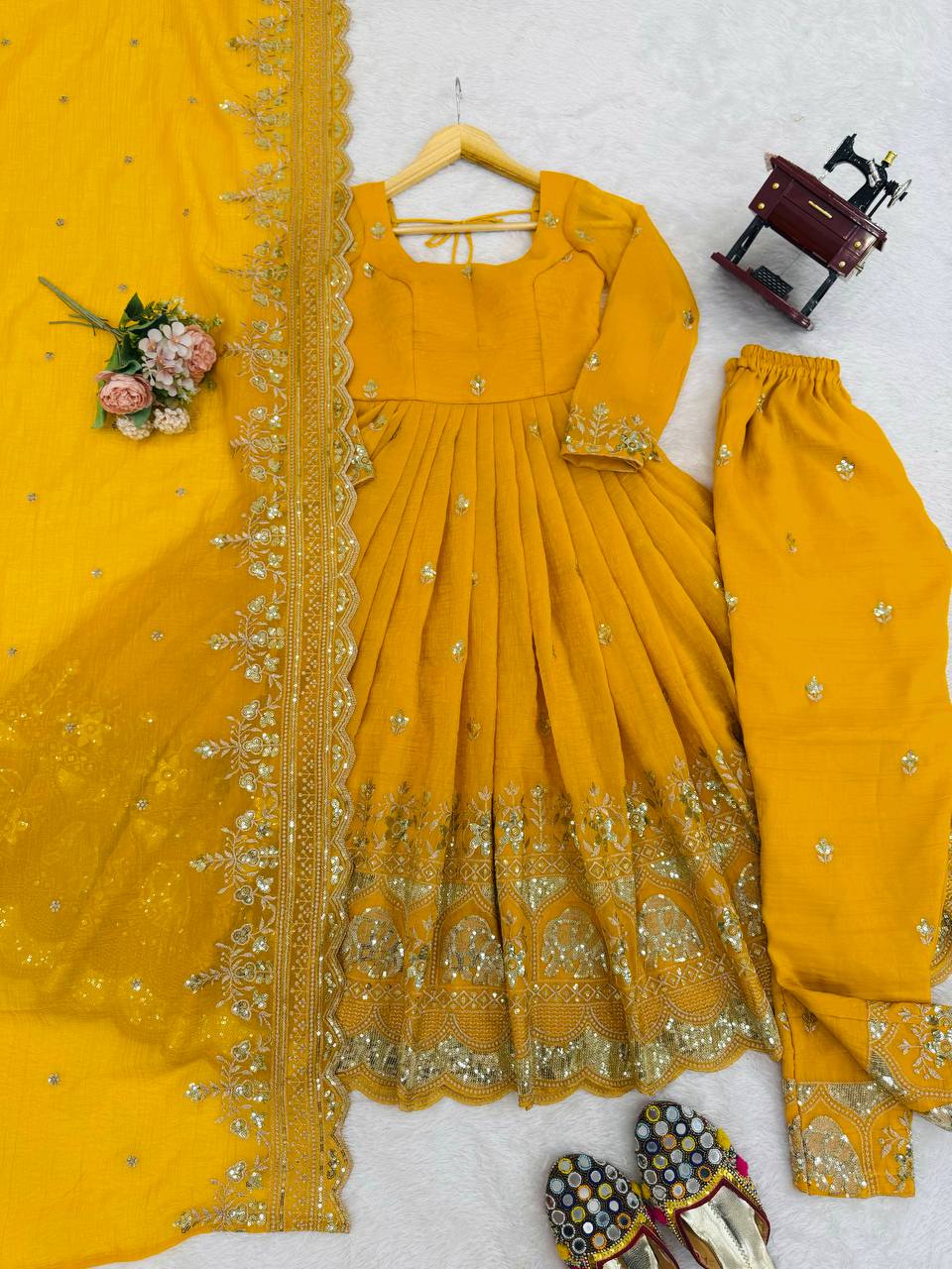 Golden Mustard Embroidered Anarkali Set