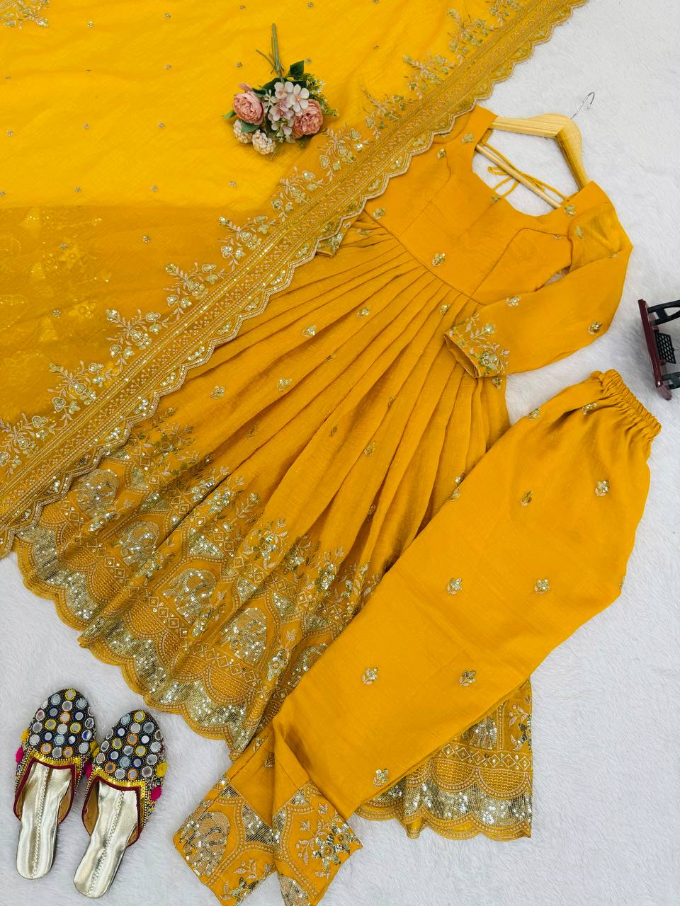 Golden Mustard Embroidered Anarkali Set