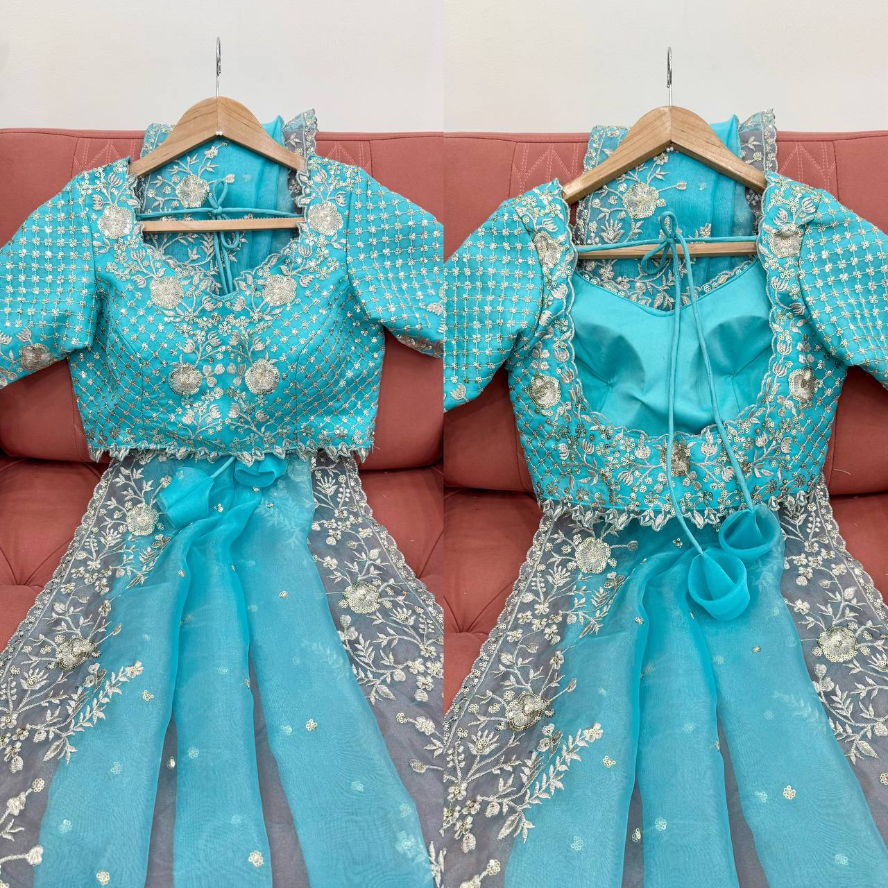 Festive Weeding Wear Orange Organza Saree with Silver Motifs