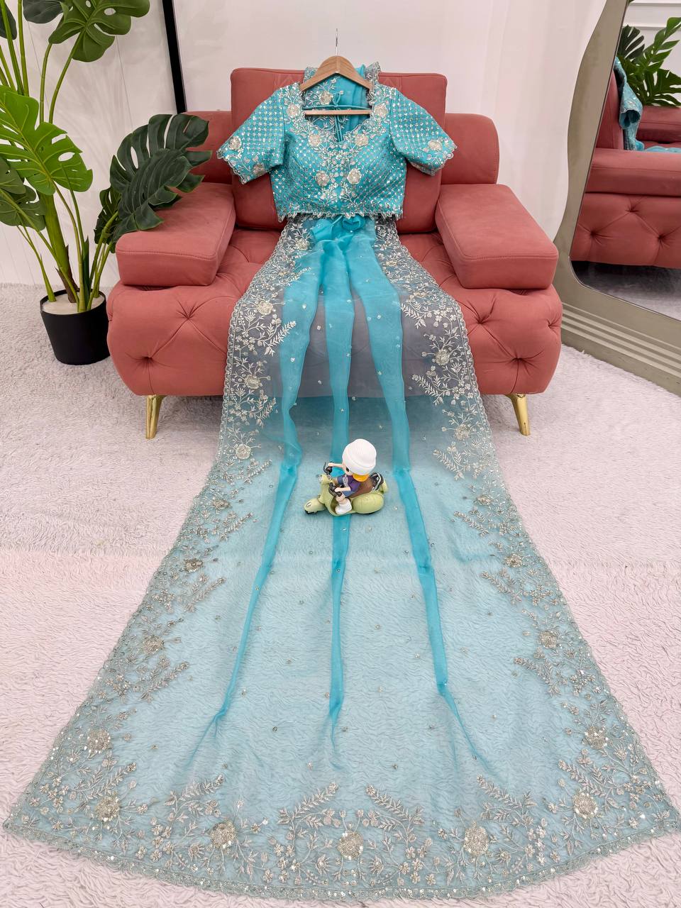 Festive Weeding Wear Orange Organza Saree with Silver Motifs