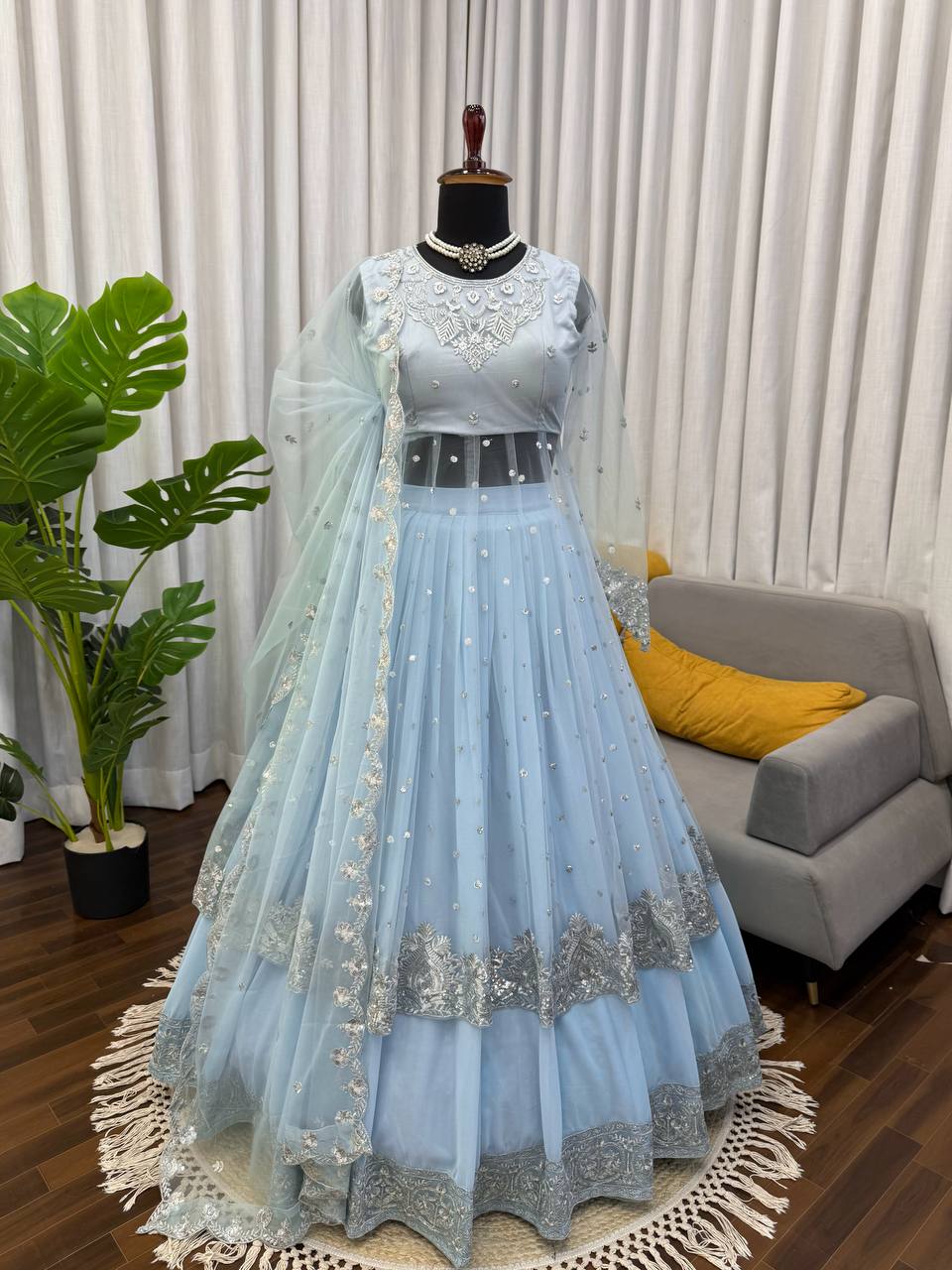 Sky Color Faux Georgette Fabric Sequence Work Lehenga Gown