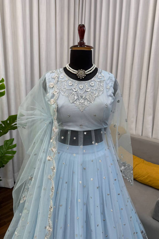 Sky Color Faux Georgette Fabric Sequence Work Lehenga Gown