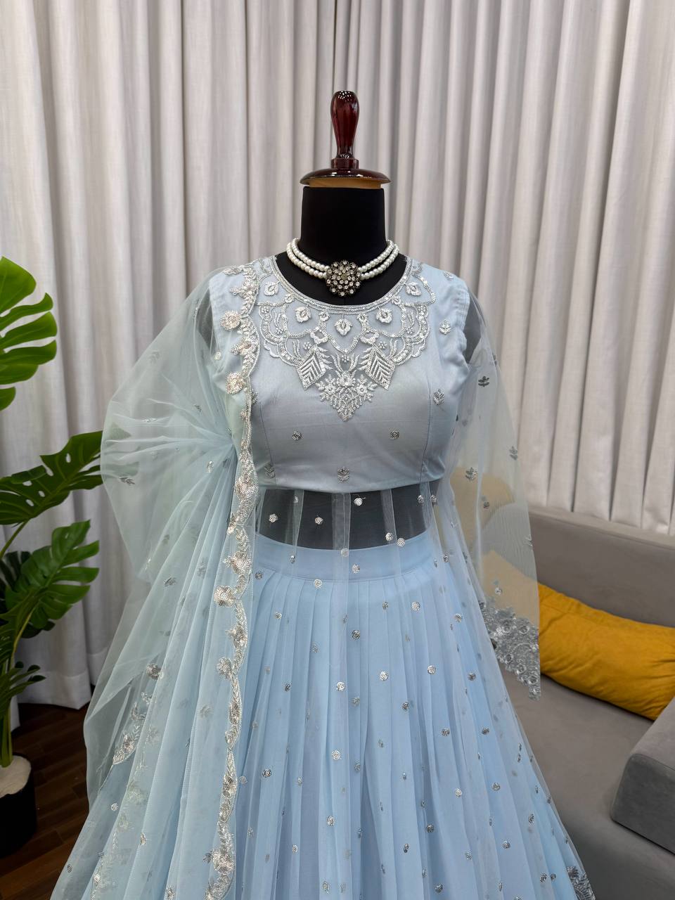 Sky Color Faux Georgette Fabric Sequence Work Lehenga Gown