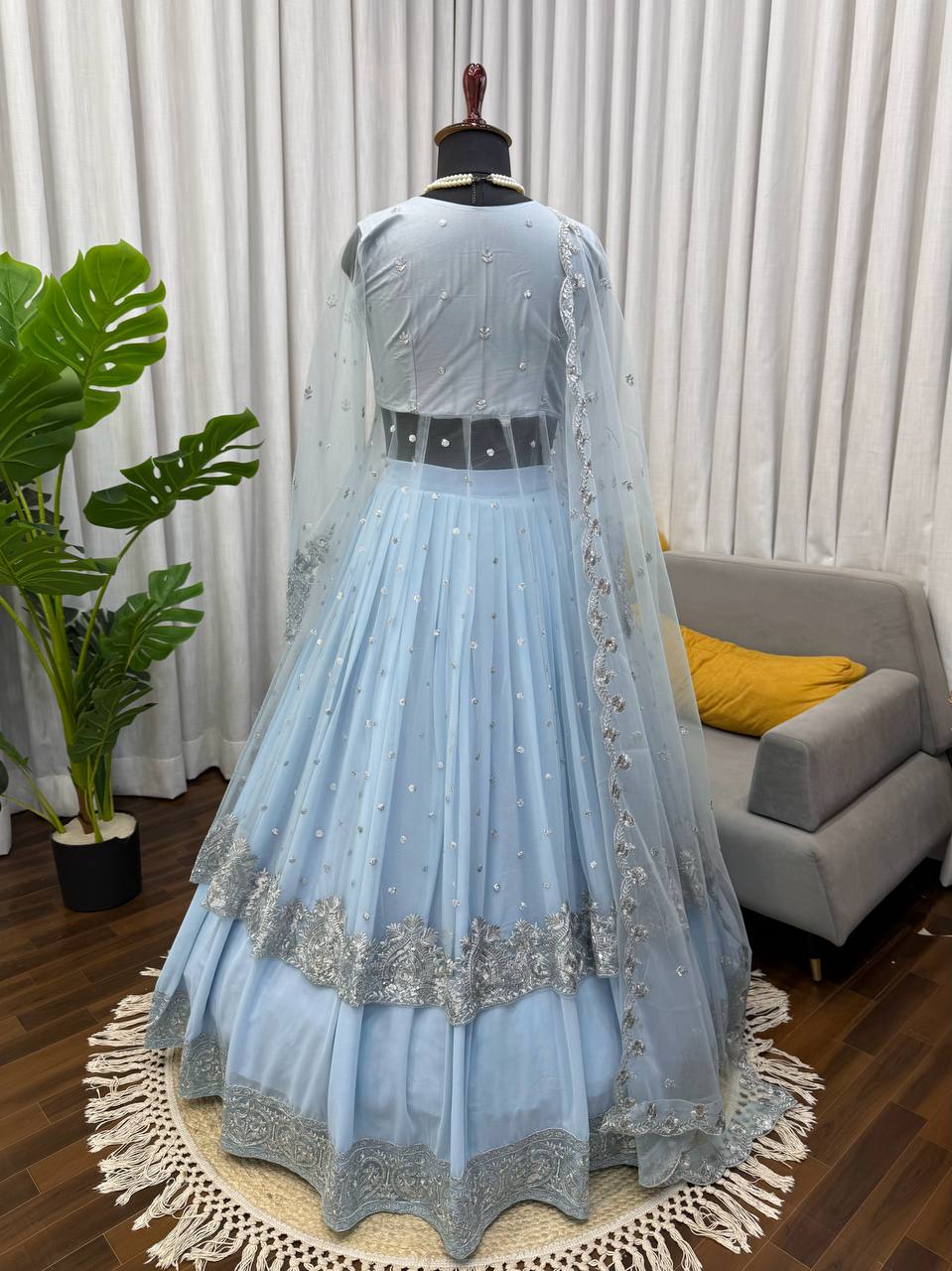 Sky Color Faux Georgette Fabric Sequence Work Lehenga Gown