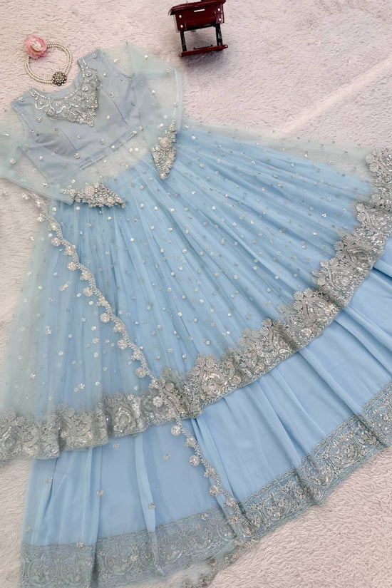 Sky Color Faux Georgette Fabric Sequence Work Lehenga Gown