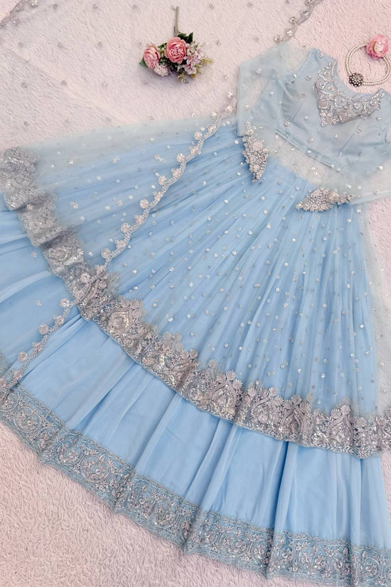 Sky Color Faux Georgette Fabric Sequence Work Lehenga Gown