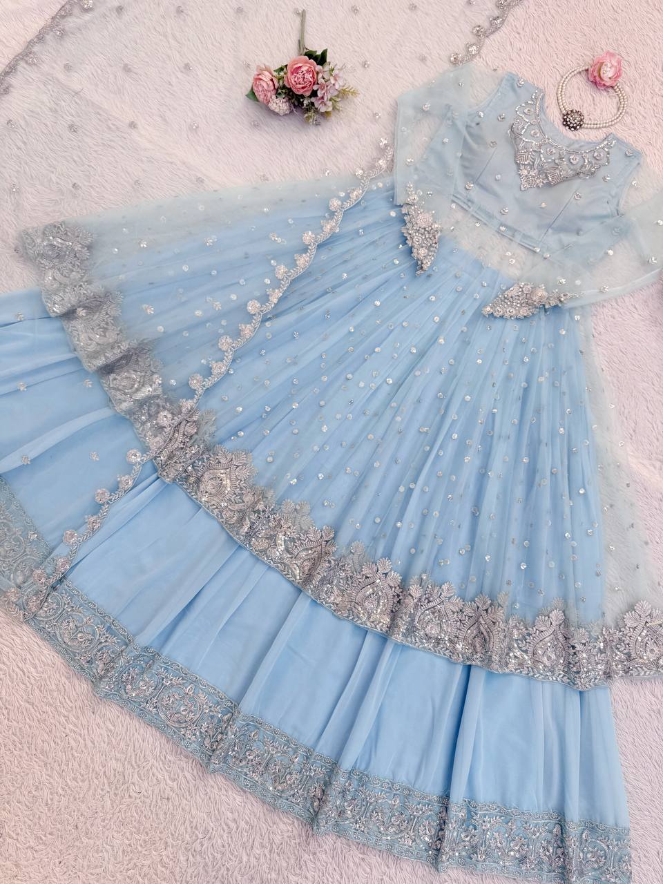 Sky Color Faux Georgette Fabric Sequence Work Lehenga Gown