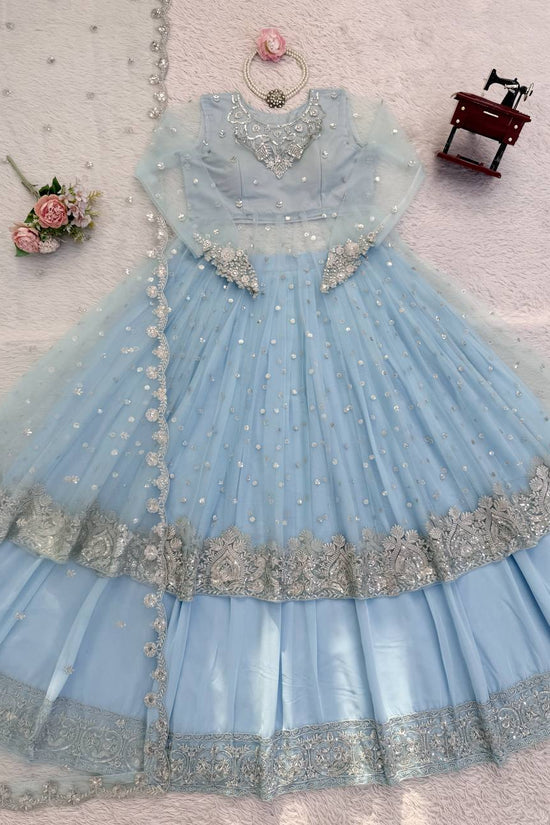Sky Color Faux Georgette Fabric Sequence Work Lehenga Gown