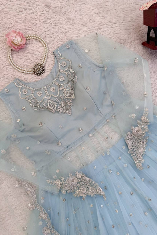Sky Color Faux Georgette Fabric Sequence Work Lehenga Gown