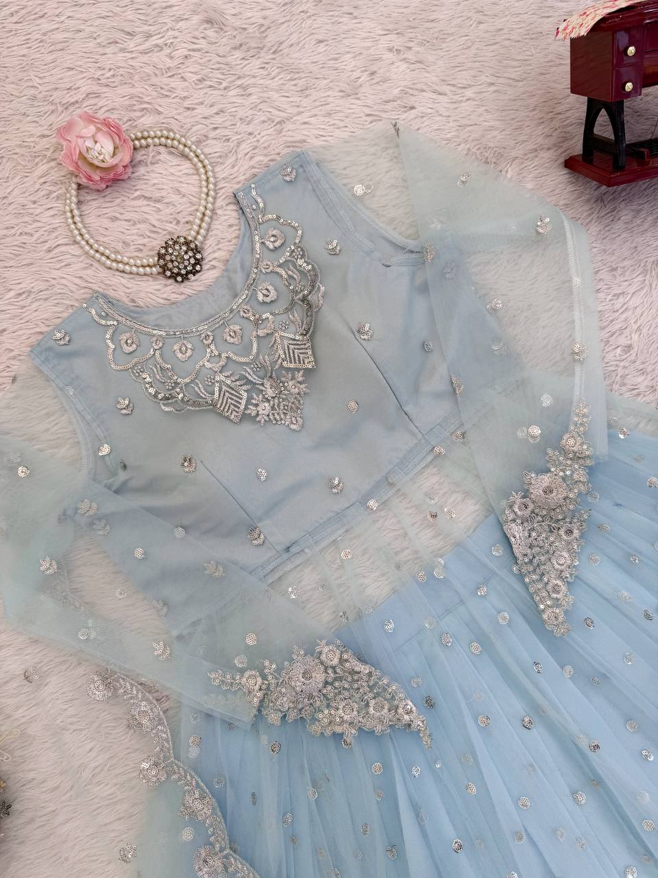 Sky Color Faux Georgette Fabric Sequence Work Lehenga Gown