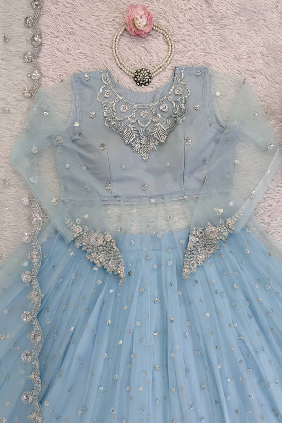 Sky Color Faux Georgette Fabric Sequence Work Lehenga Gown