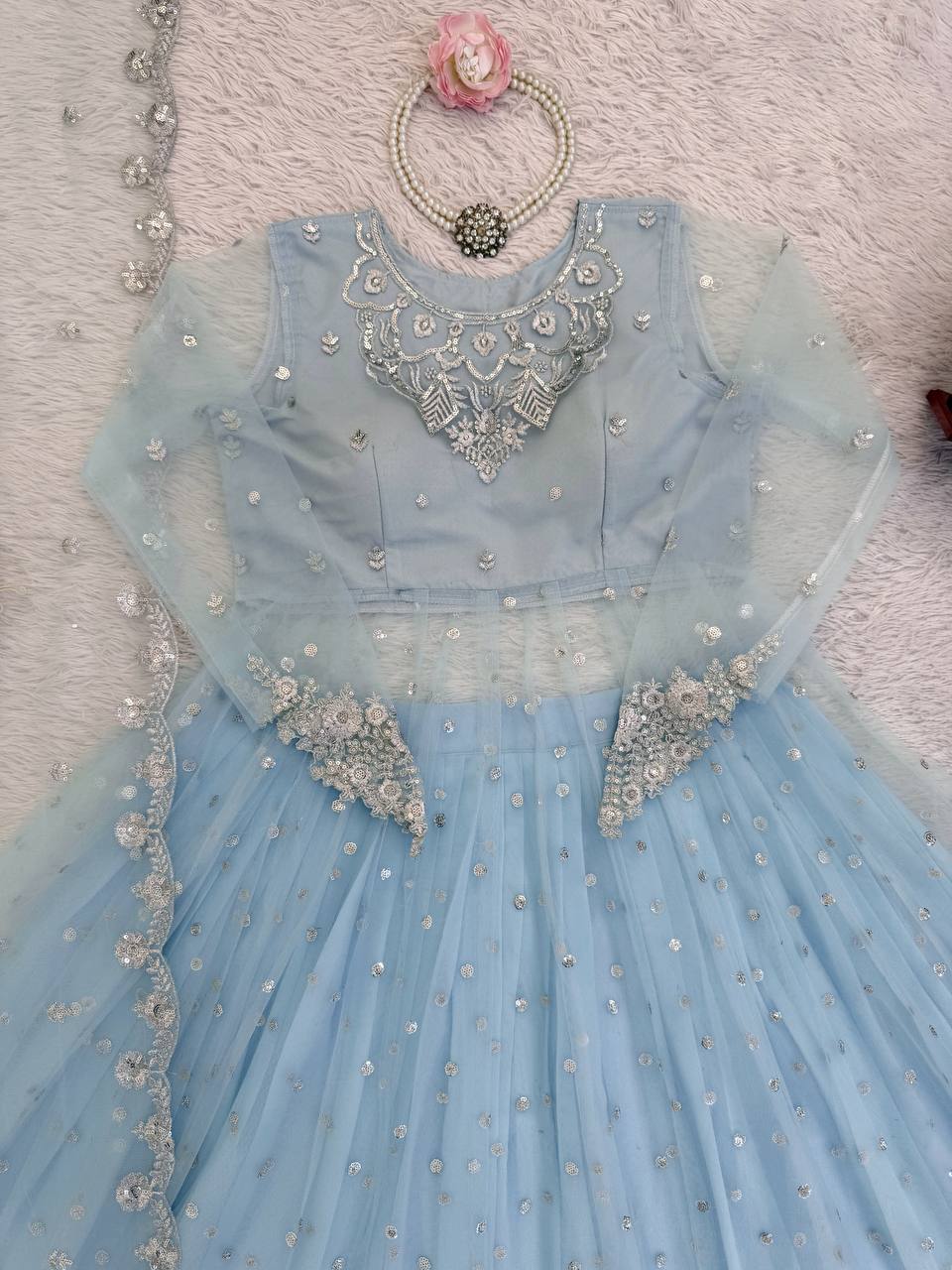 Sky Color Faux Georgette Fabric Sequence Work Lehenga Gown