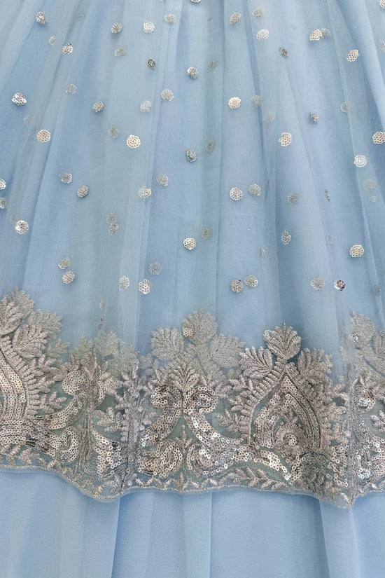Sky Color Faux Georgette Fabric Sequence Work Lehenga Gown