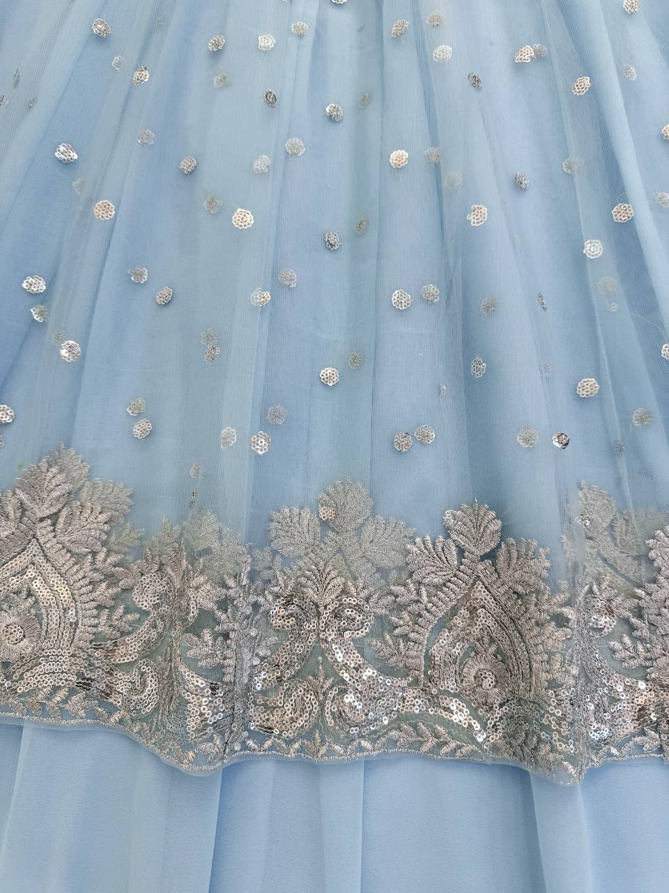 Sky Color Faux Georgette Fabric Sequence Work Lehenga Gown