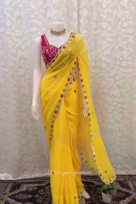 FAUX GEORGETTE SEQUENCE MOTI WORK DESIGNER SAREE