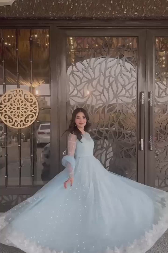 Sky Color Faux Georgette Fabric Sequence Work Lehenga Gown