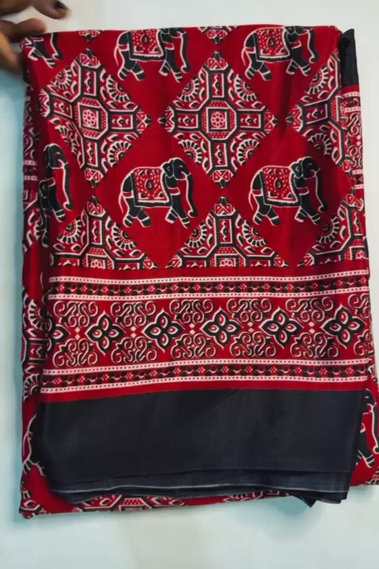 Black and Red Ajrakh Print Silk Saree with Elephant Motifs