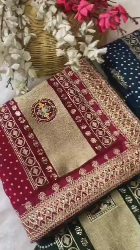 Elegant Purple Bandhej Saree with Golden Zari Border and  Embroidered Blouse Piece