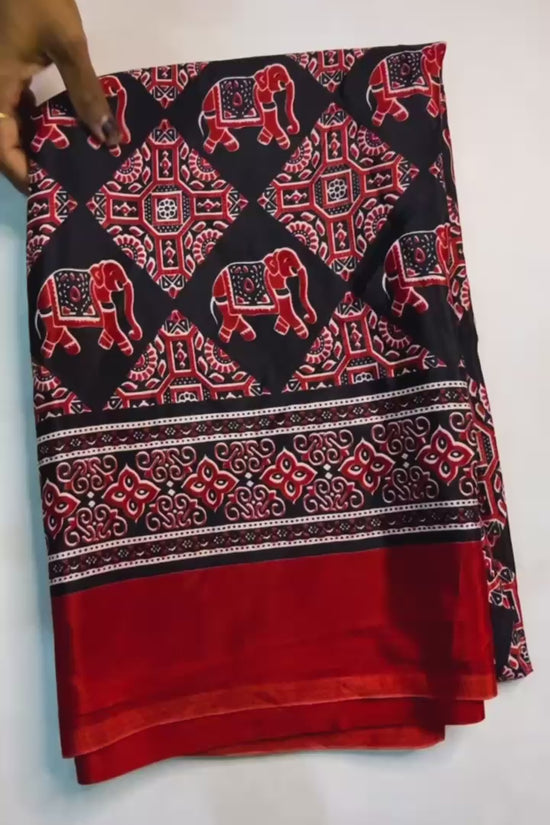 Black and Red Ajrakh Print Silk Saree with Elephant Motifs