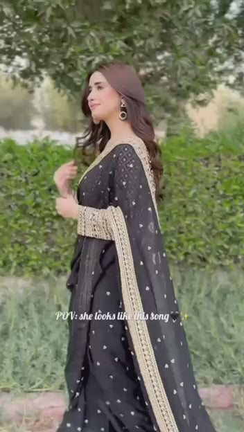 “Black Gold-Embroidered Festive Saree”