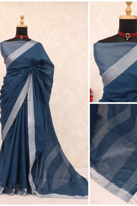 Elegant   Pure  heavy Linen-Cotton Saree with Silver Striped Border”