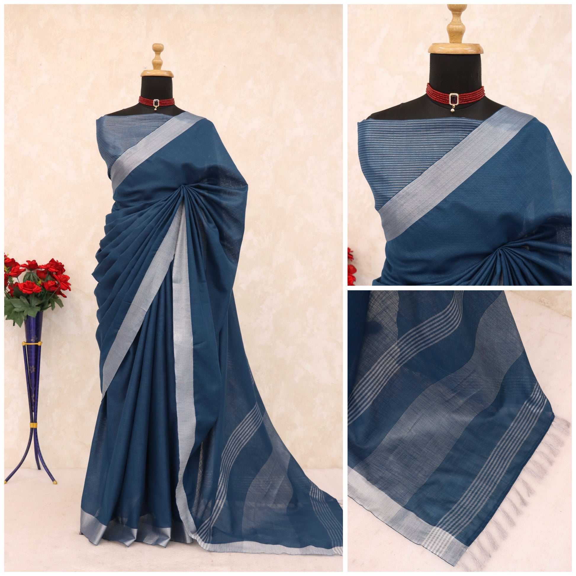 Elegant   Pure  heavy Linen-Cotton Saree with Silver Striped Border”