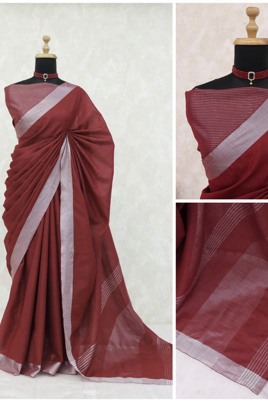 Elegant   Pure  heavy Linen-Cotton Saree with Silver Striped Border”