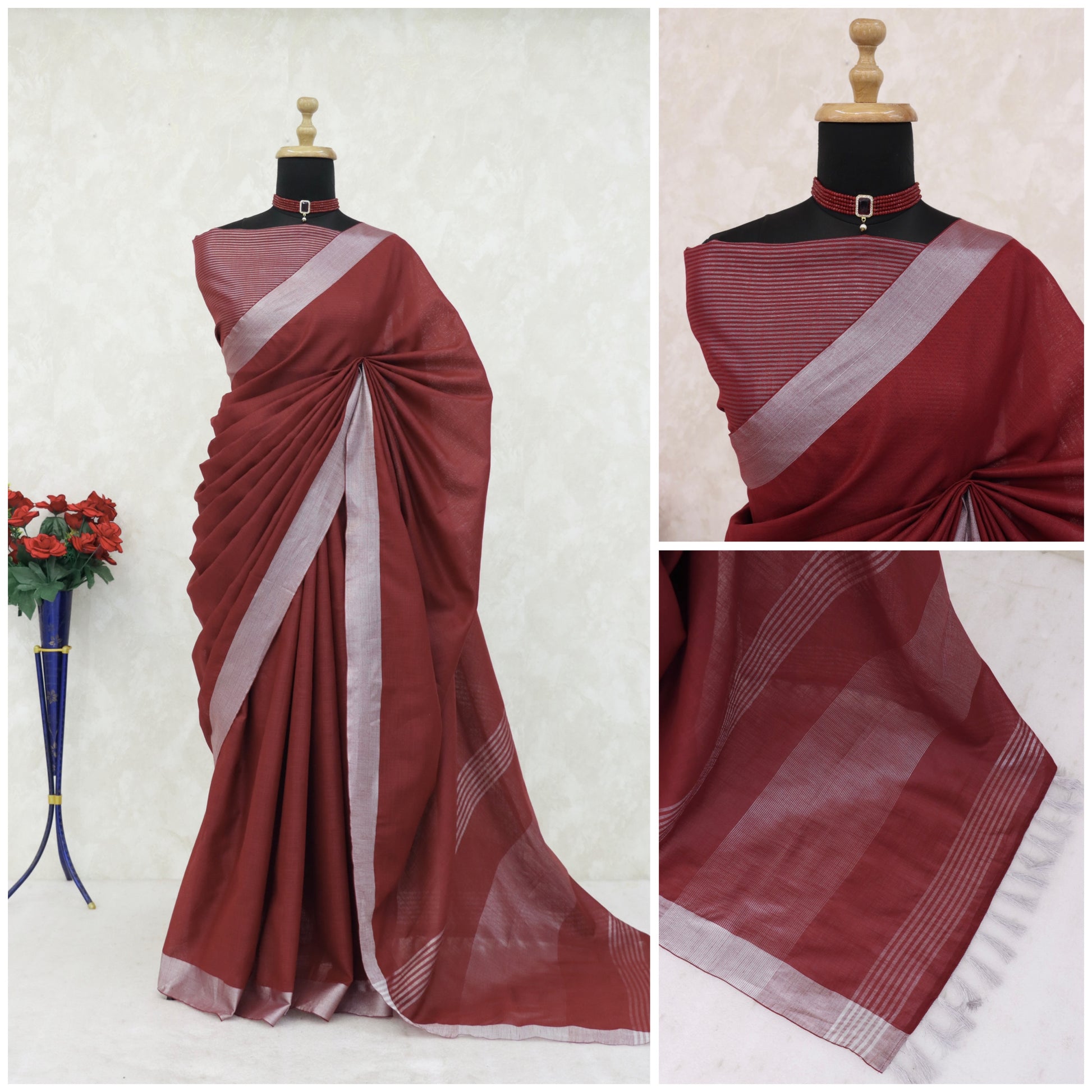 Elegant   Pure  heavy Linen-Cotton Saree with Silver Striped Border”