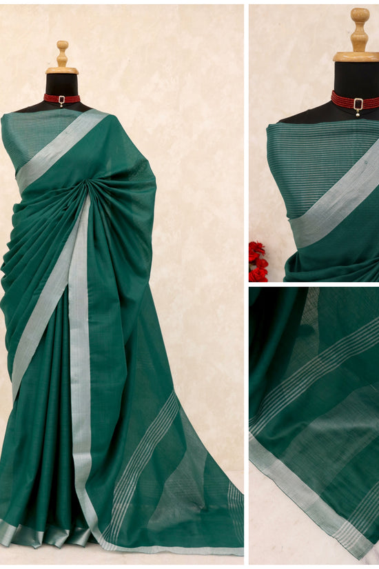 Elegant   Pure  heavy Linen-Cotton Saree with Silver Striped Border”