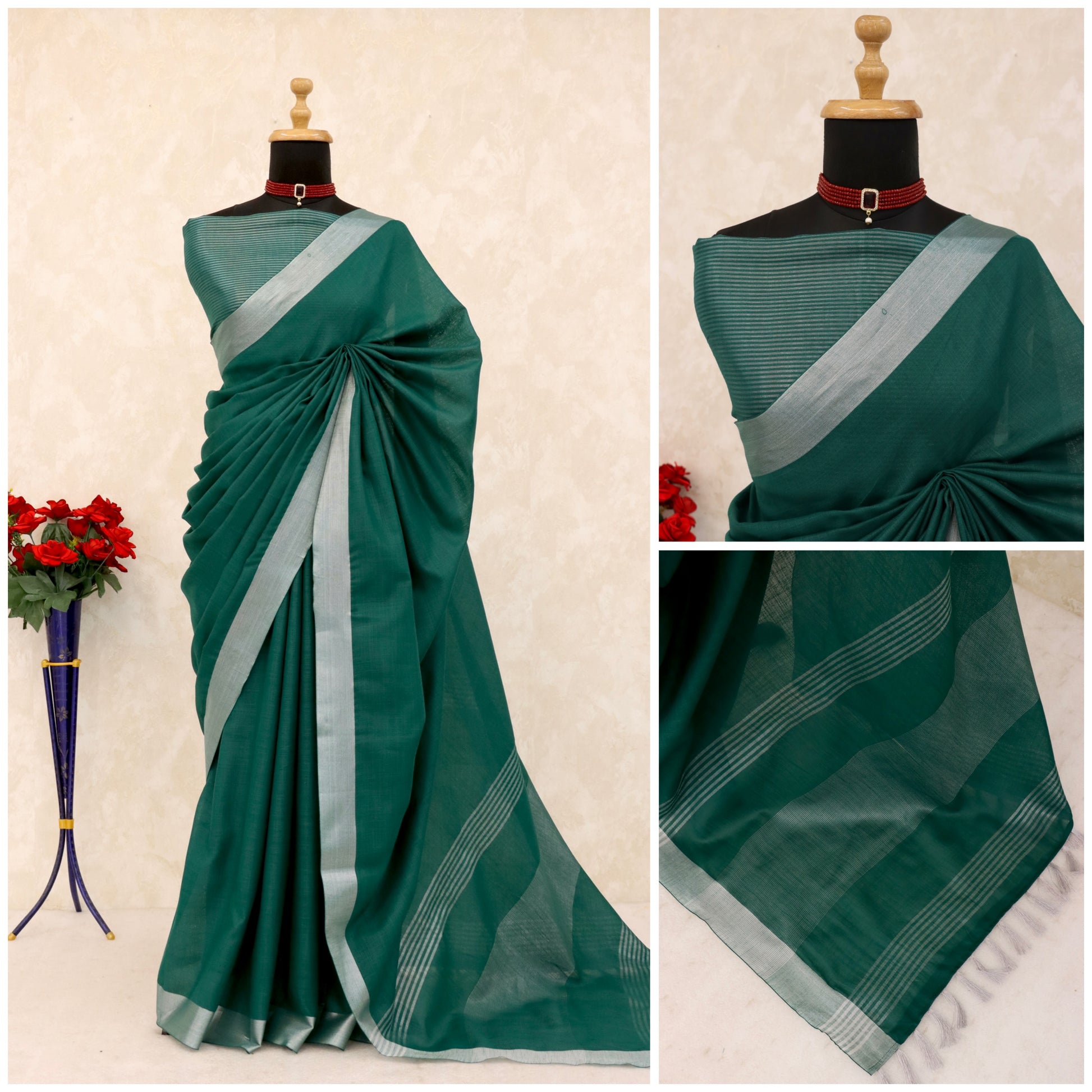 Elegant   Pure  heavy Linen-Cotton Saree with Silver Striped Border”