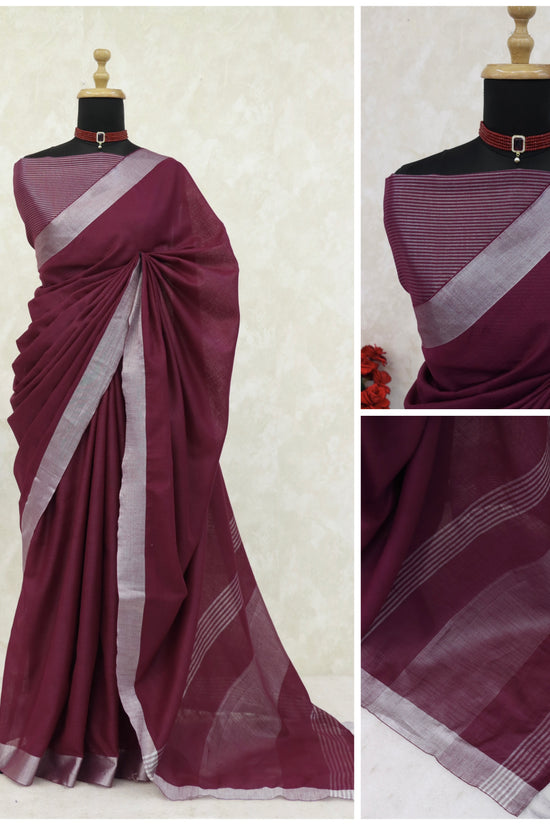 Elegant   Pure  heavy Linen-Cotton Saree with Silver Striped Border”