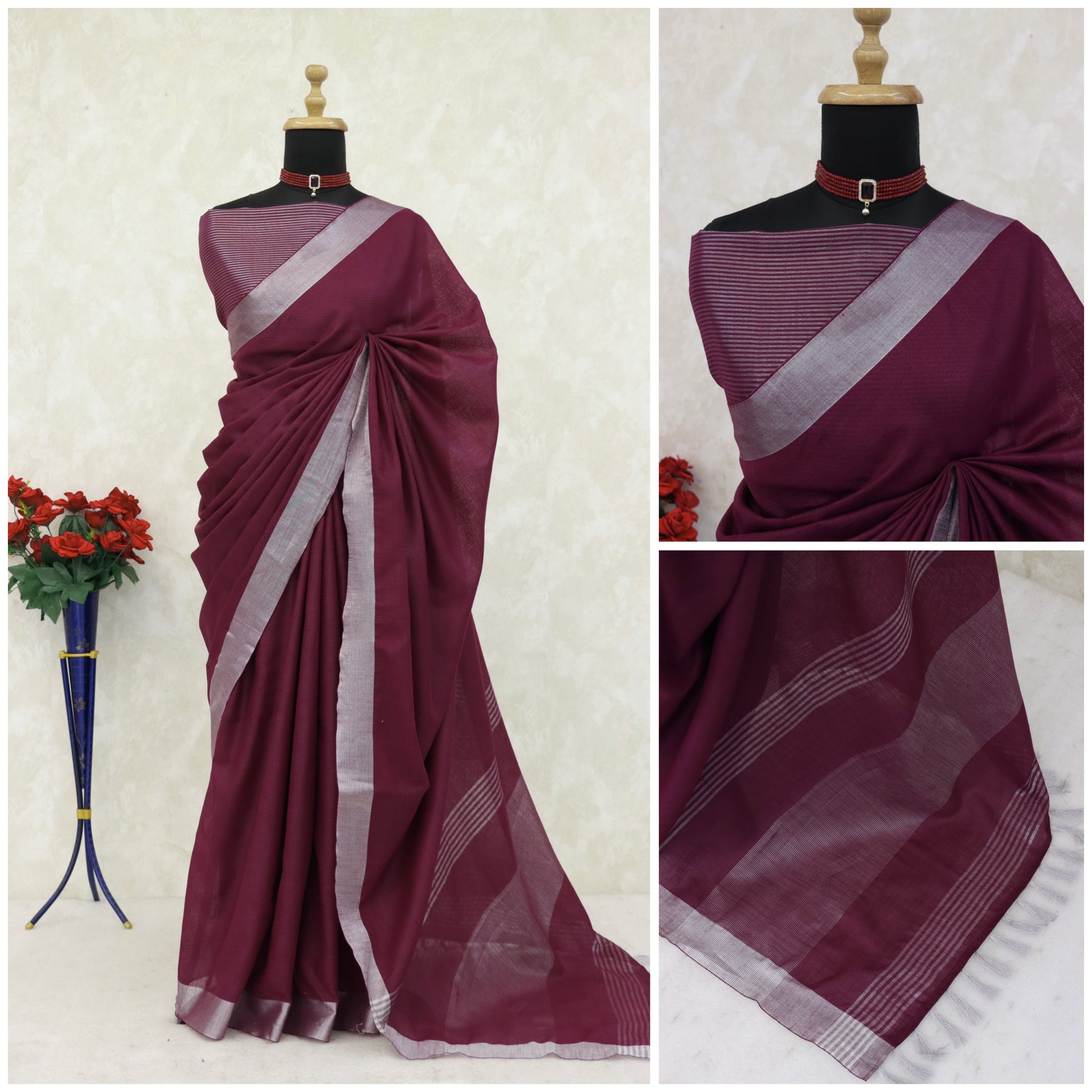 Elegant   Pure  heavy Linen-Cotton Saree with Silver Striped Border”